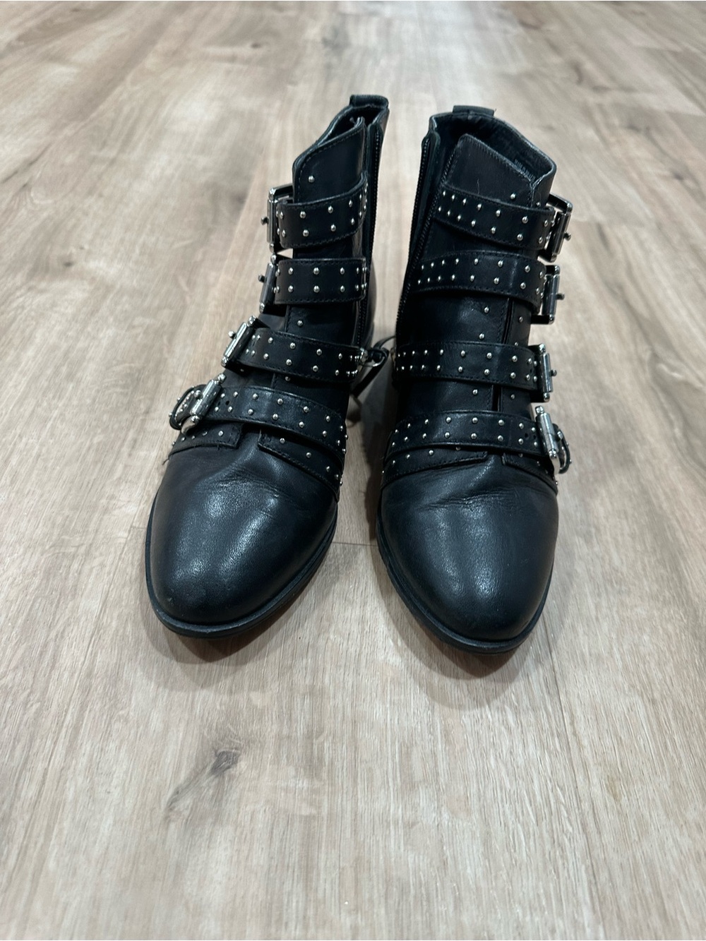 Rebecca Minkoff Genuine Leather Studded Buckle Ankle Boots